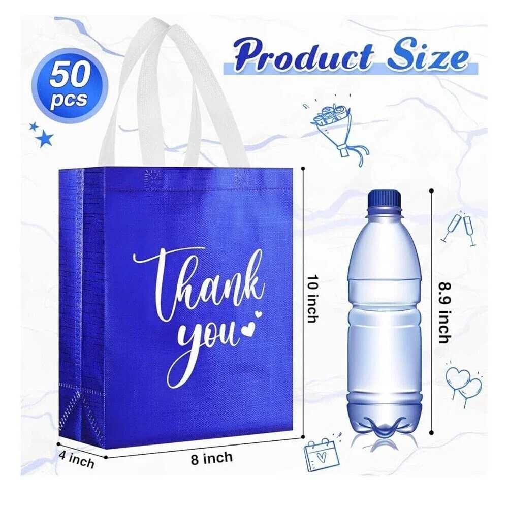 50pack Thank You Gift Bags with Handles Bulk Thank You Royal Blue, 10 x 8 x 4 In